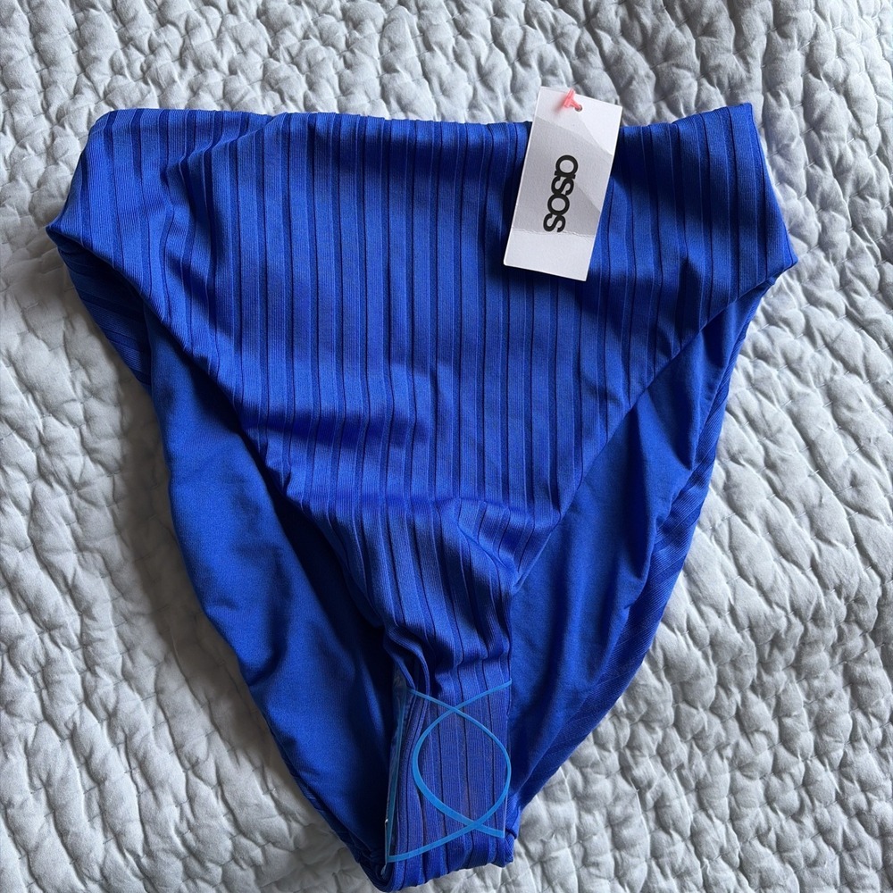 ASOS Ribbed High Waist Bikini Bottoms Womens Size 2 Blue Swim Beachwear Ribbed